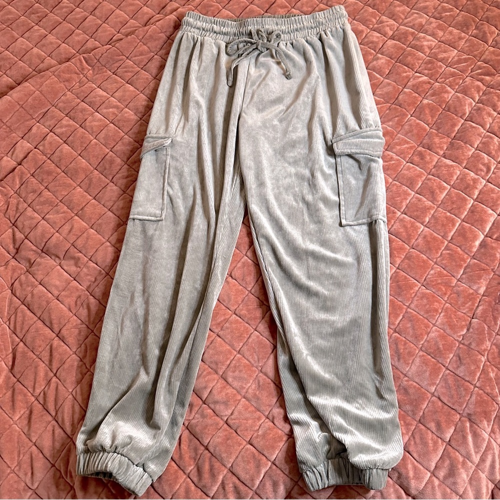 Green velvet cargo joggers